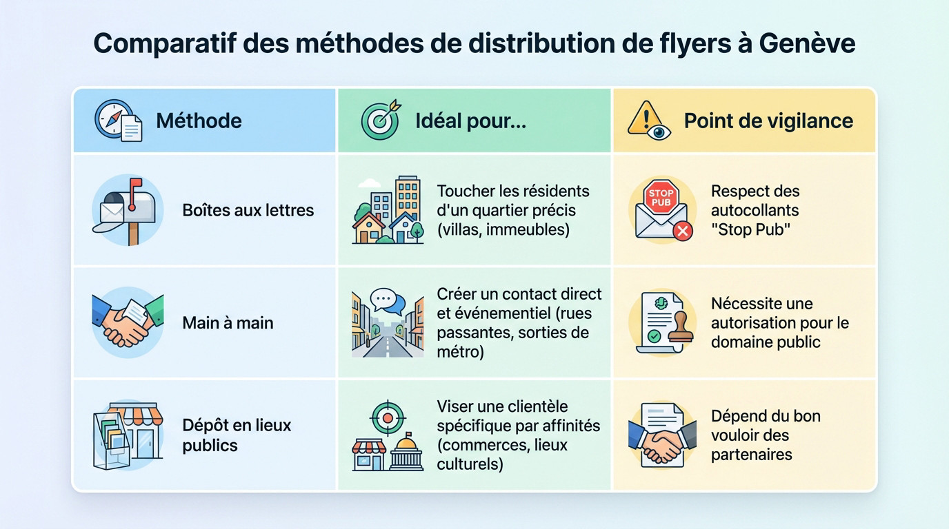 Tableau comparatif des méthodes de distribution de flyers à Genève : boîtes aux lettres, main à main et lieux publics