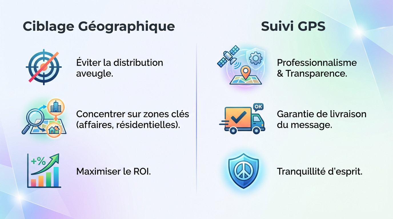 Infographie illustrant l'importance du ciblage géographique et du suivi GPS pour une distribution de flyers efficace