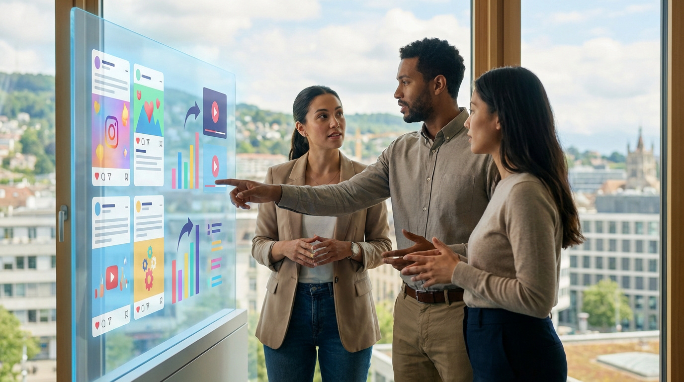 Trois personnes analysent des données de réseaux sociaux sur un écran transparent interactif en bureau avec vue sur la ville.