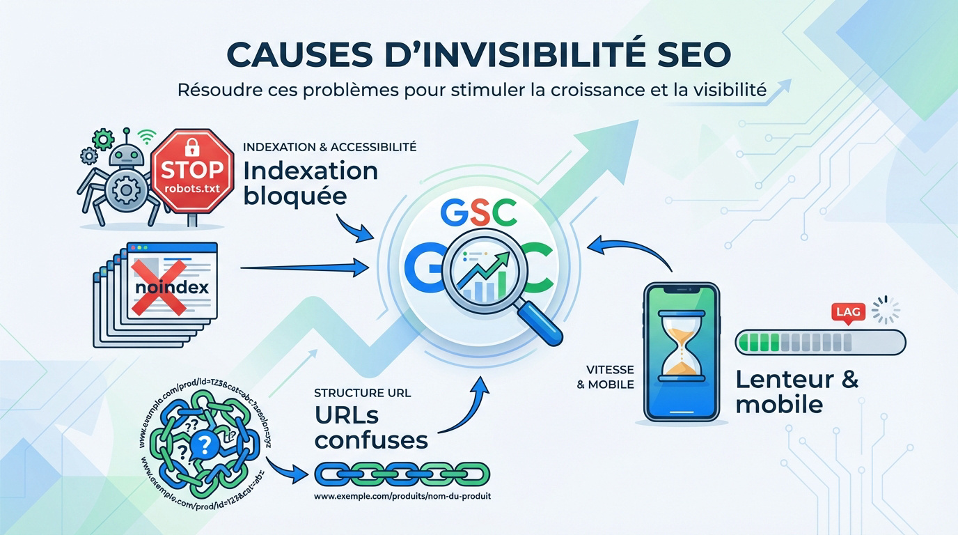 Schéma des causes techniques d'invisibilité SEO et solutions pour la croissance du trafic