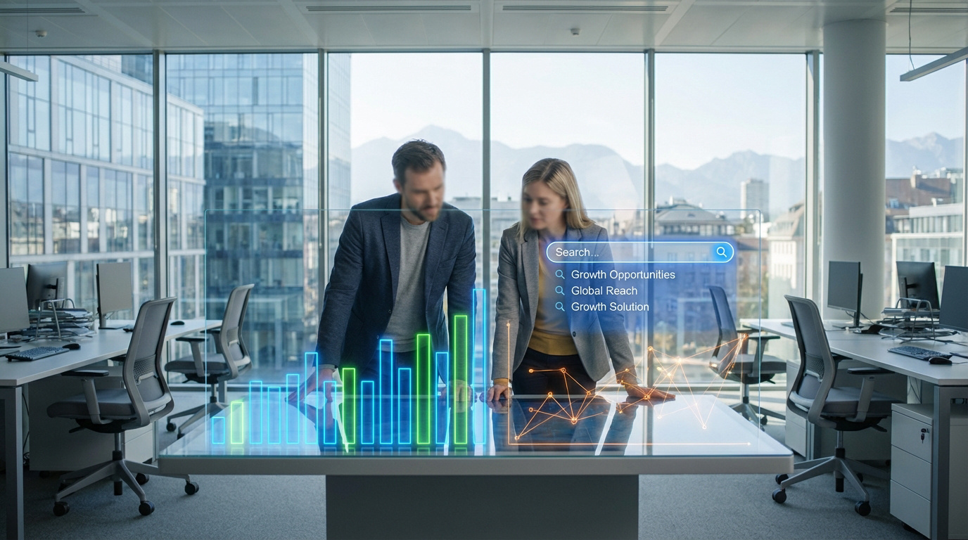 Deux experts analysent des données de croissance et de visibilité en ligne via une interface holographique futuriste en bureau moderne.