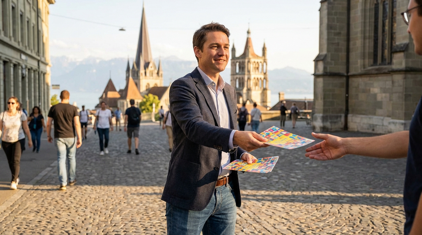 Homme souriant en blazer distribuant des flyers colorés à une personne sur une rue pavée de Lausanne, avec cathédrale et lac en arrière-plan.