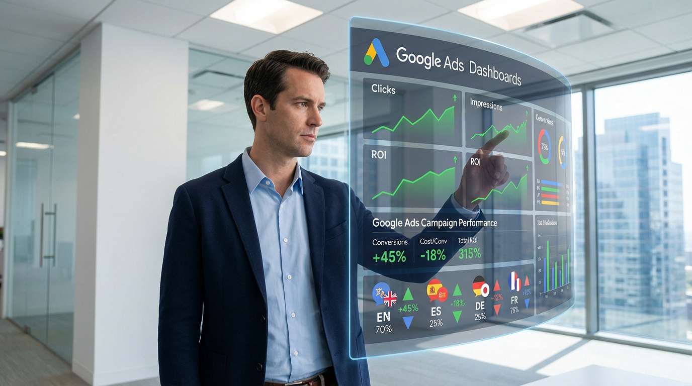 Un homme en costume interagit avec un tableau de bord Google Ads transparent affichant les métriques clés de campagnes marketing.