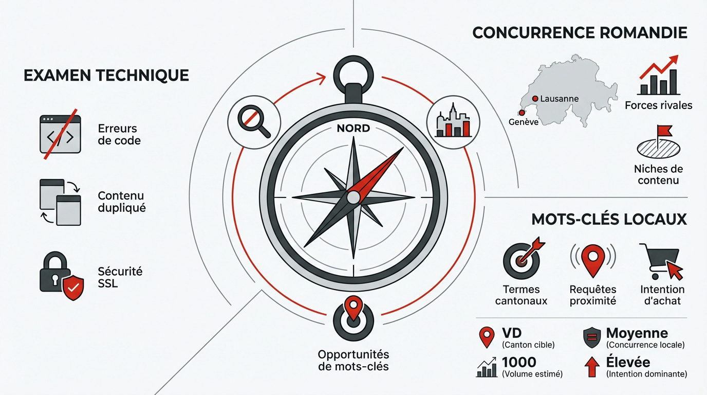 Infographie détaillant l'analyse stratégique digitale pour le référencement en Suisse Romande