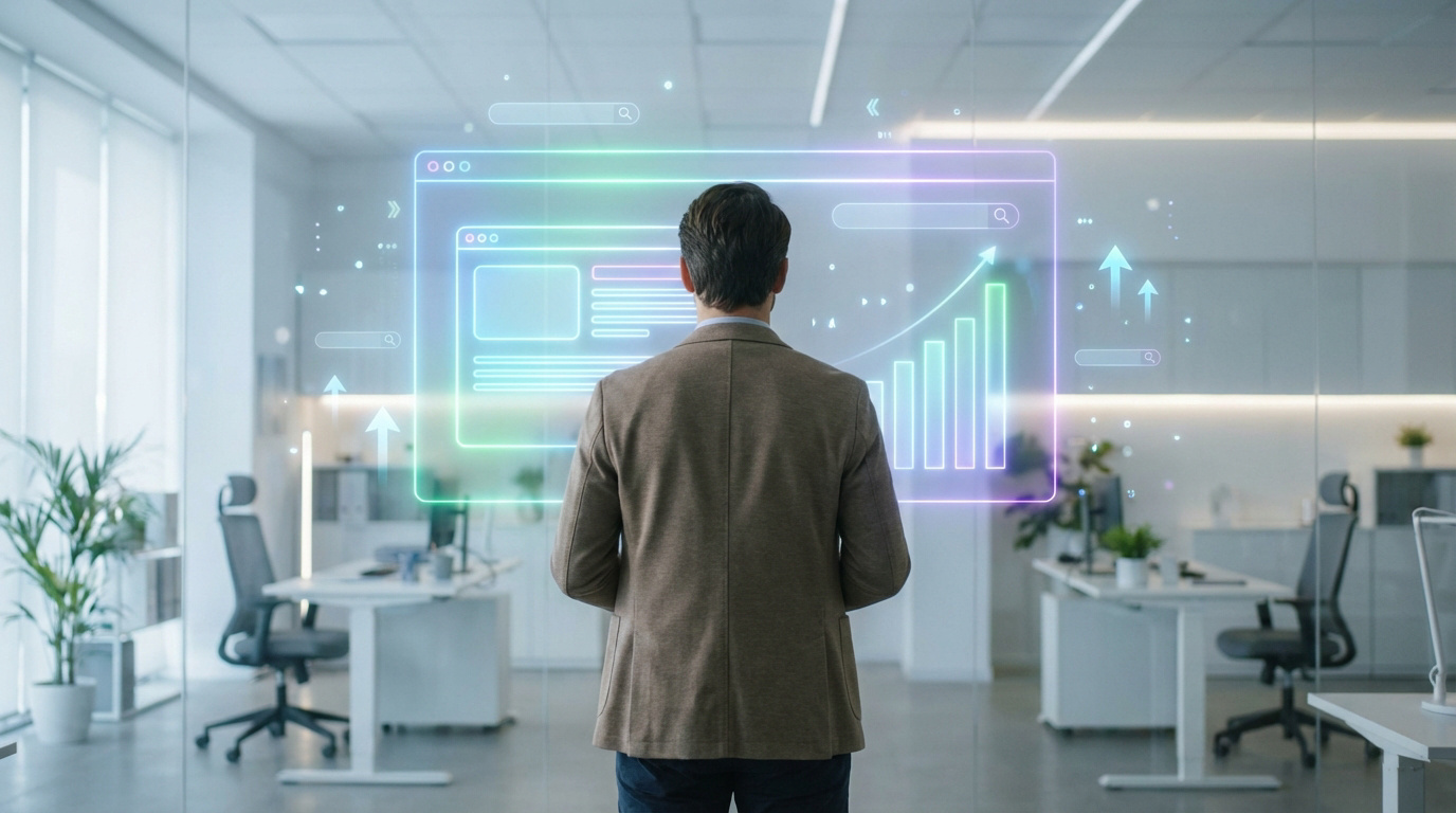 Un homme regarde une interface holographique futuriste avec des données de site web, graphiques de croissance et recherche SEO.