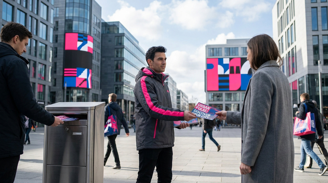 Un agent distribue des flyers à une passante dans une place urbaine animée.