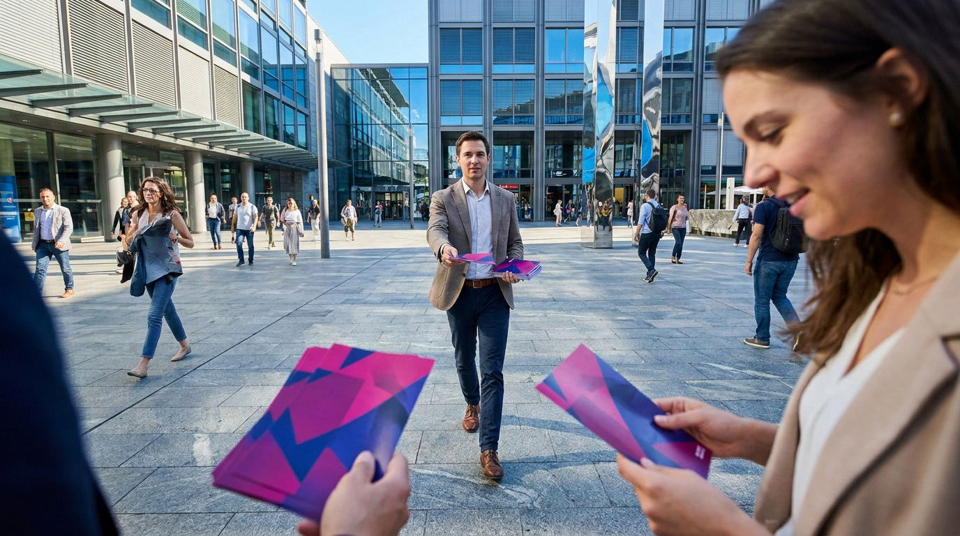 Un homme en veste distribue des flyers colorés à des passants sur une place moderne devant des bureaux à Yverdon.