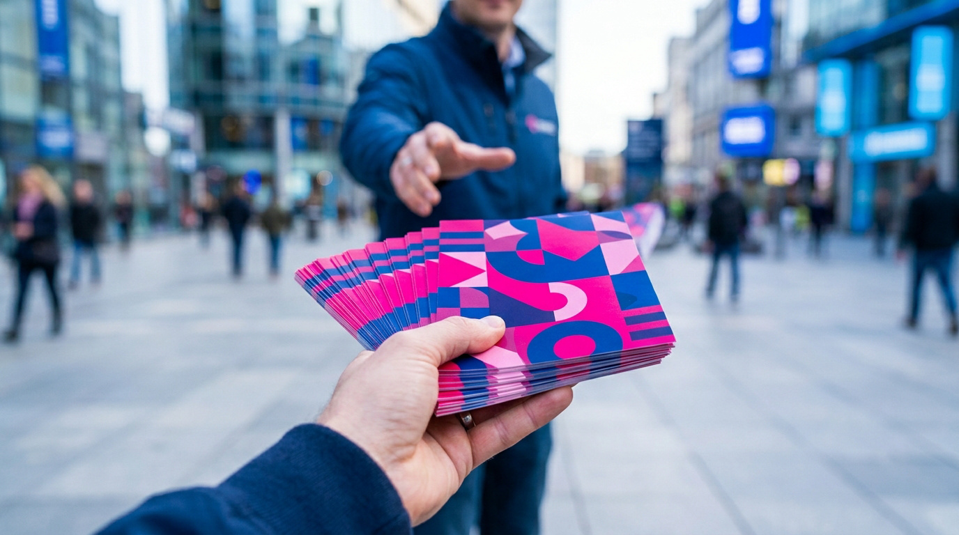 Une personne tend un paquet de flyers publicitaires aux couleurs vives à un passant dans une rue animée.