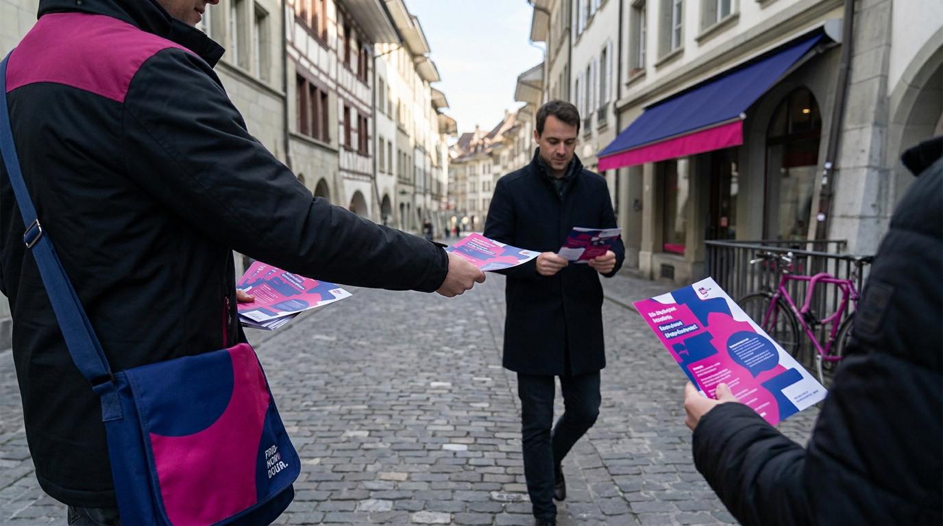 Personne distribuant des flyers roses et bleus dans une rue pavée du centre historique de Fribourg.