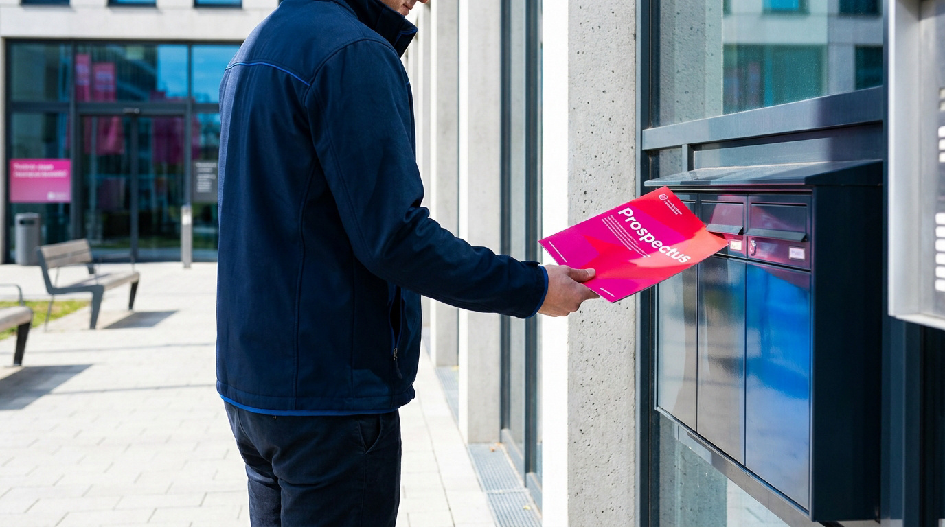 Un agent distribue un prospectus publicitaire rose dans une boîte aux lettres devant un bâtiment moderne.