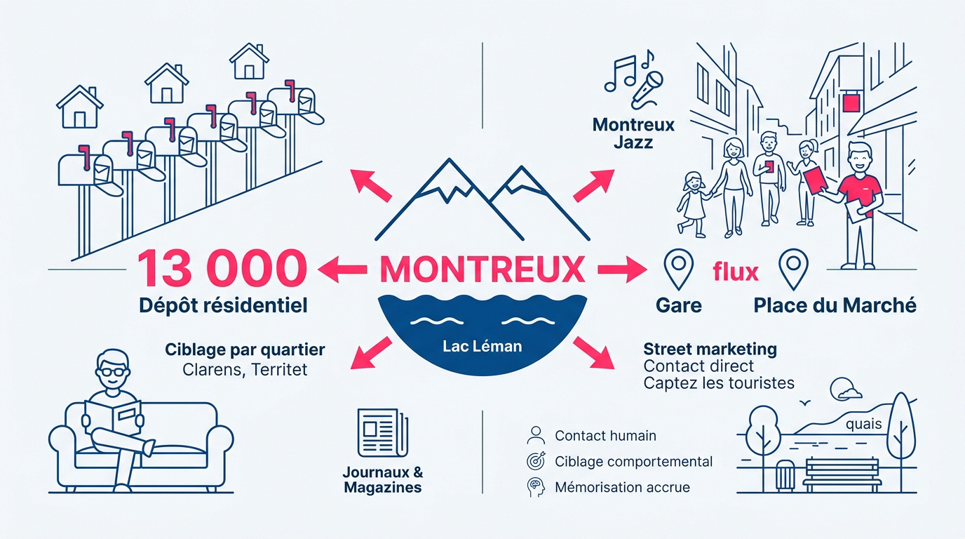 Infographie sur les stratégies de distribution de flyers et street marketing à Montreux